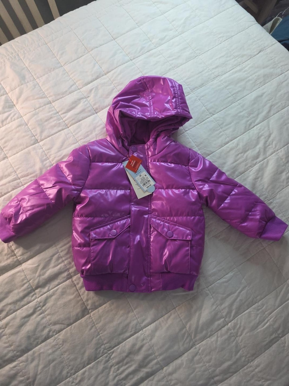 Cat & Jack Girls 2T Metallic Purple Puffer Jacket Hooded Fleece Lined NWT